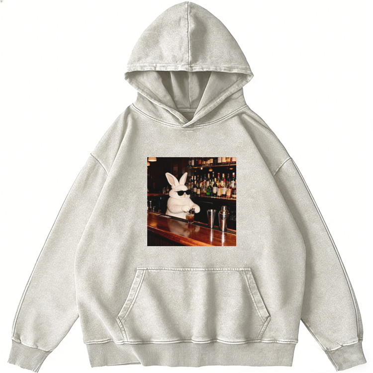 Bartender Rabbit Cool Guy Retro Washed Hoodide | 100% Cotton | Streetwear Essential