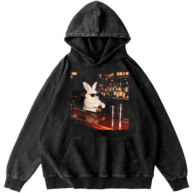 Bartender Rabbit Cool Guy Retro Washed Hoodide | 100% Cotton | Streetwear Essential
