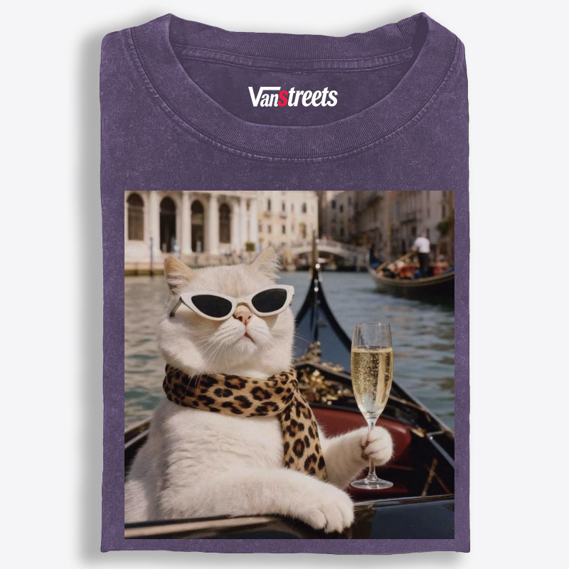 Bunny Venice Cat with Champagne Retro Washed T-Shirt | 100% Cotton | Streetwear Essential