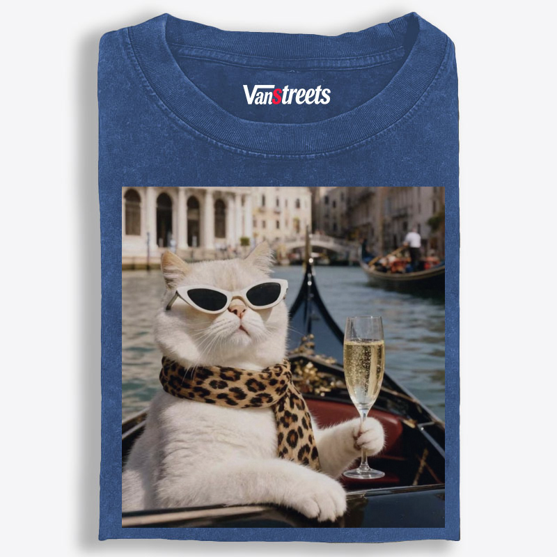 Bunny Venice Cat with Champagne Retro Washed T-Shirt | 100% Cotton | Streetwear Essential