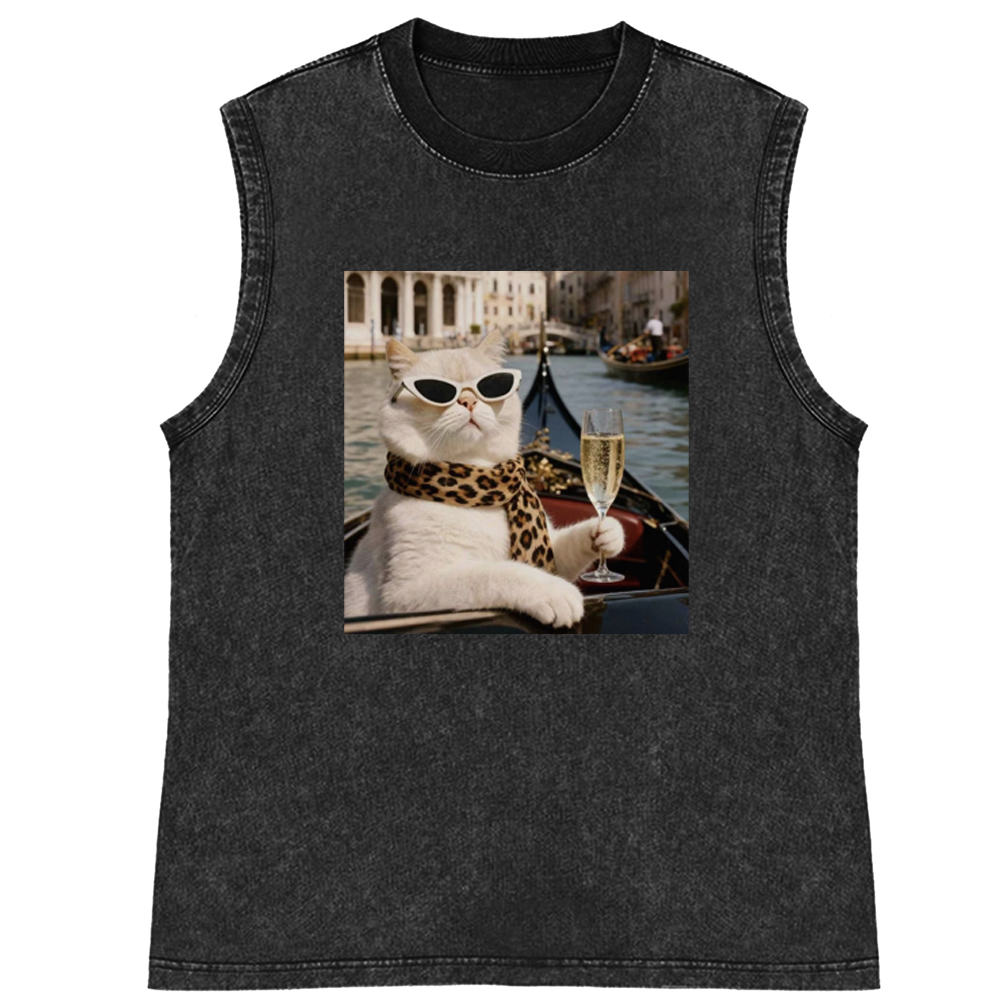 Bunny Venice Cat with Champagne Retro Washed Tank Top