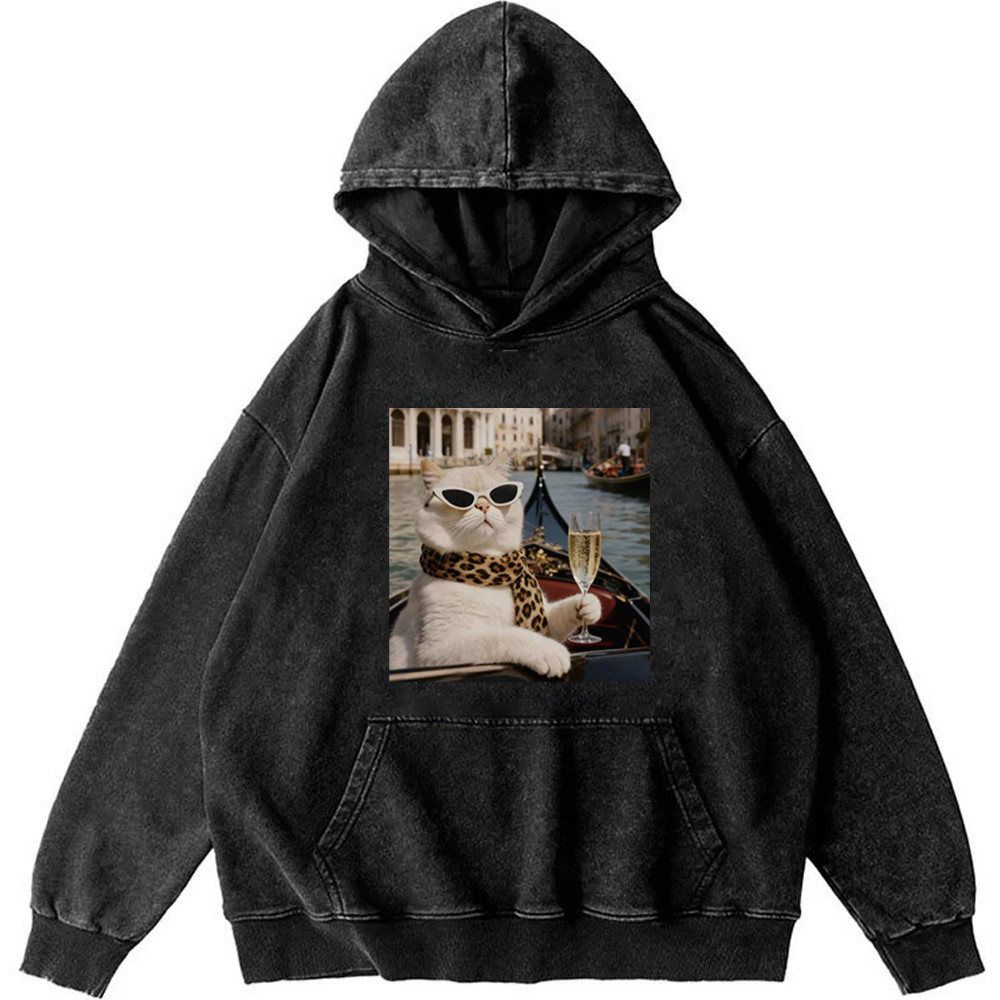 Bunny Venice Cat with Champagne Retro Washed Hoodie