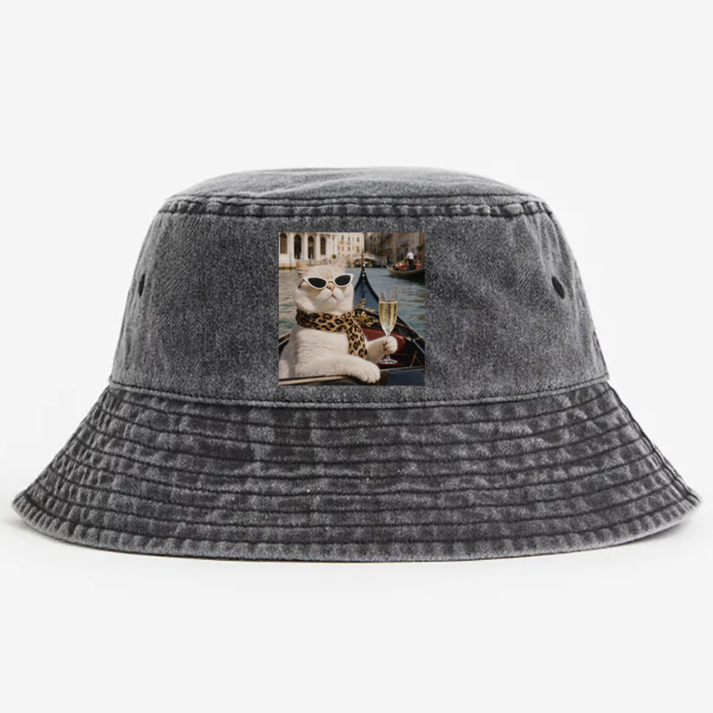Bunny Venice Cat with Champagne Retro Vintage Washed Bucket Hat