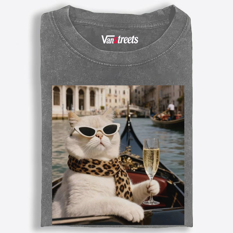 Bunny Venice Cat with Champagne Retro Washed T-Shirt | 100% Cotton | Streetwear Essential