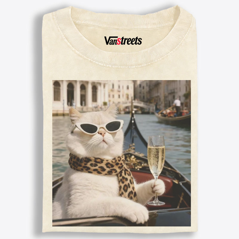 Bunny Venice Cat with Champagne Retro Washed T-Shirt | 100% Cotton | Streetwear Essential