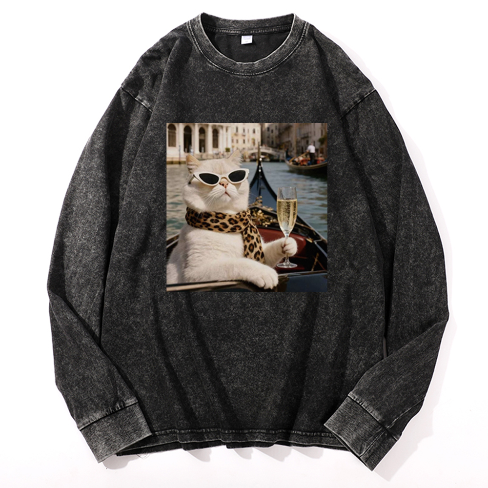 Bunny Venice Cat with Champagne Retro Washed Long Sleeve T-Shirt