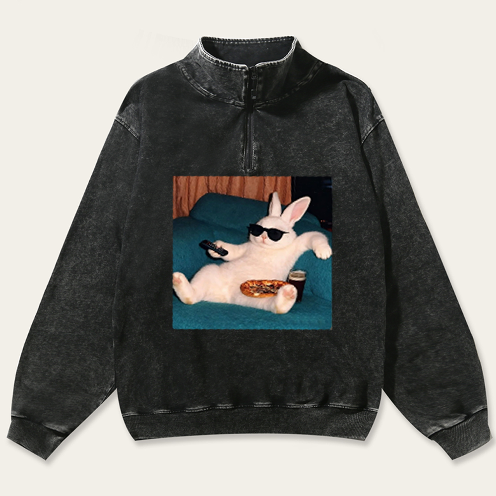 Couch Potato Bunny Retro Washed Zip-Up Mock Neck Sweatshirt