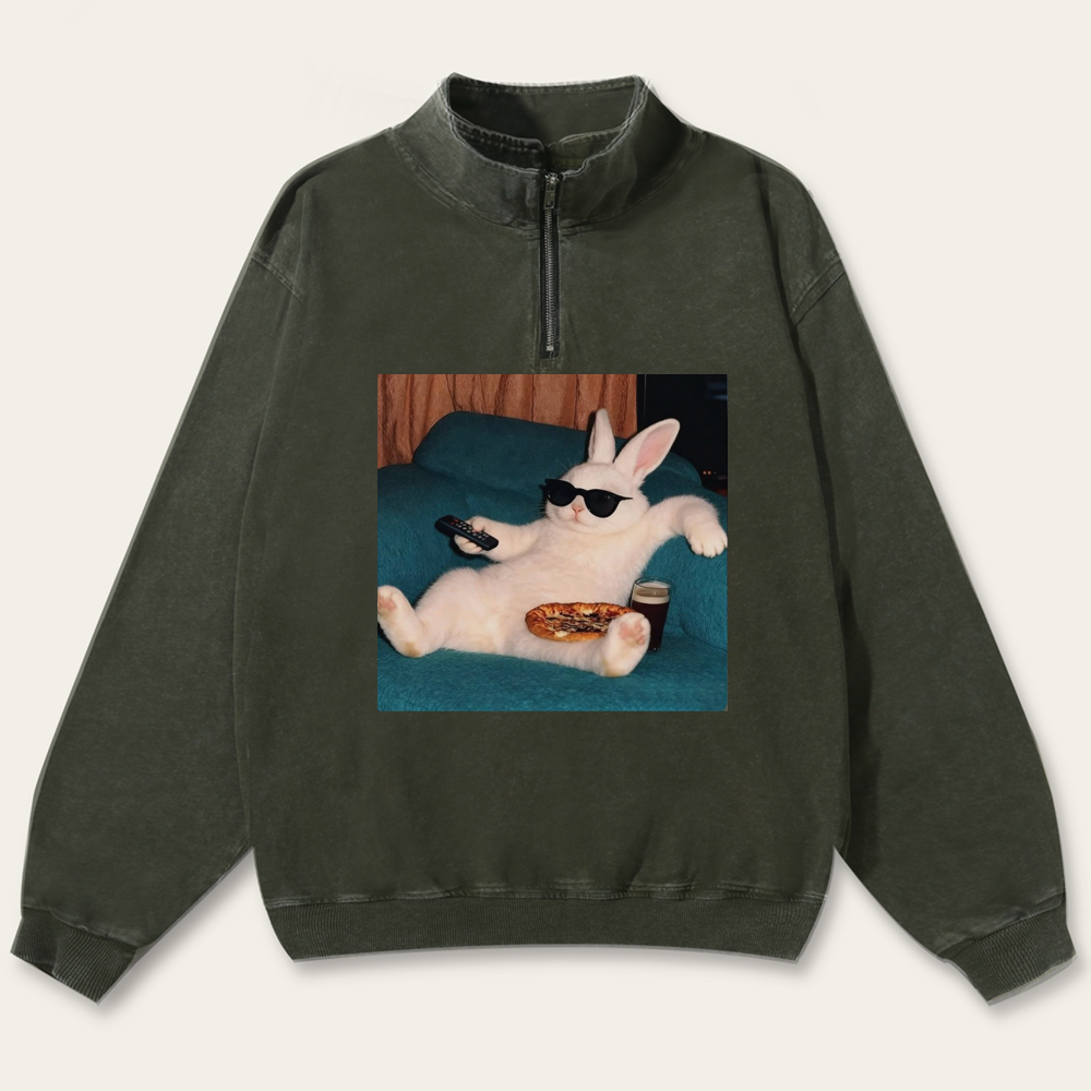 Couch Potato Bunny Retro Washed Zip-Up Mock Neck Sweatshirt