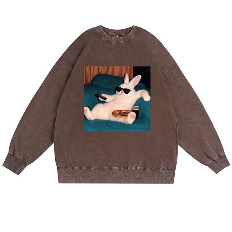 Couch Potato Bunny Retro Premium Washed Cotton Crewneck Sweatshirt