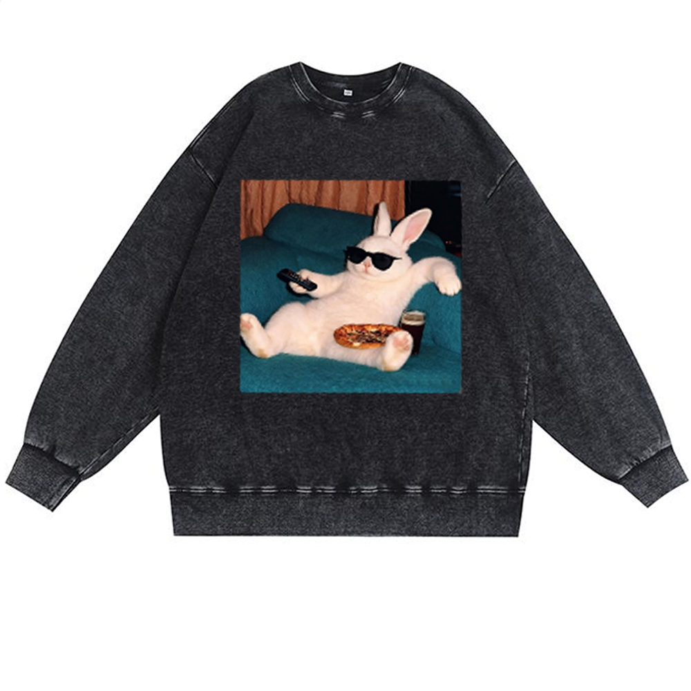Couch Potato Bunny Retro Premium Washed Cotton Crewneck Sweatshirt