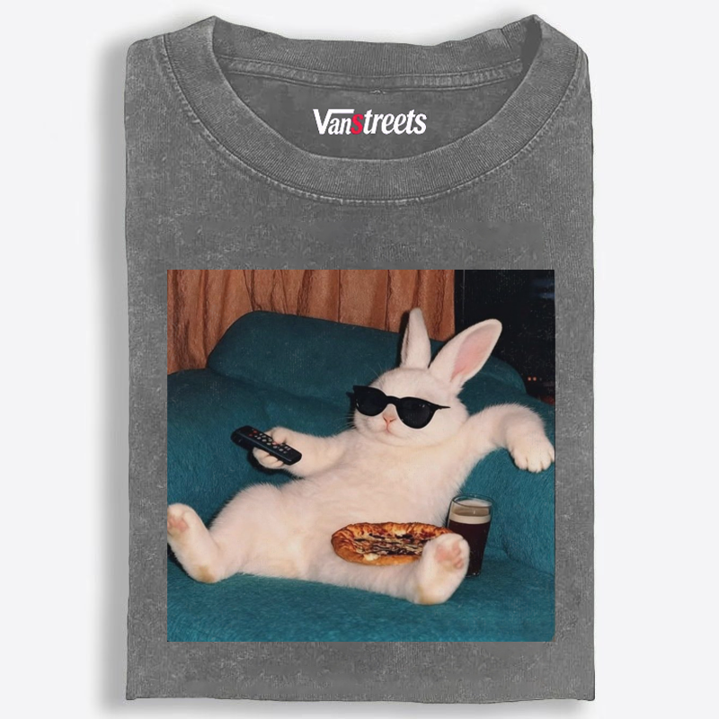 Couch Potato Bunny Retro Washed T-Shirt | 100% Cotton | Streetwear Essential
