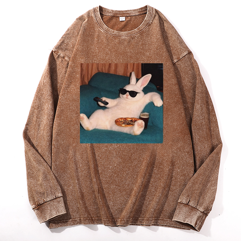 Couch Potato Bunny Retro Washed Long Sleeve T-Shirt