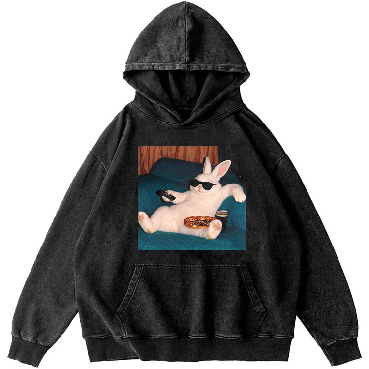 Couch Potato Rabbit Retro Washed Hoodide | 100% Cotton | Streetwear Essential
