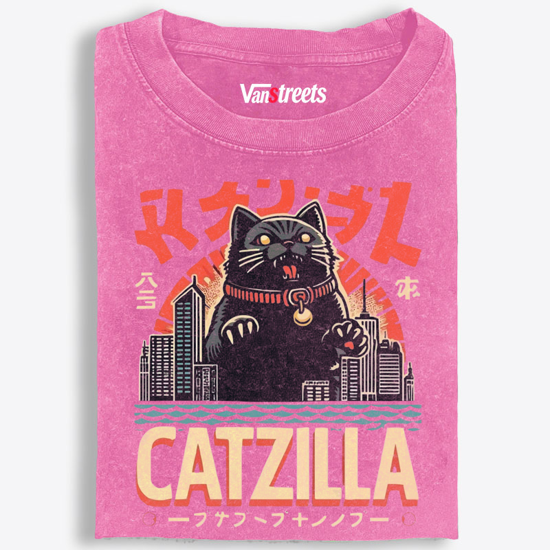 Japanese Style Catzilla Retro Washed T-Shirt | 100% Cotton | Streetwear Essential