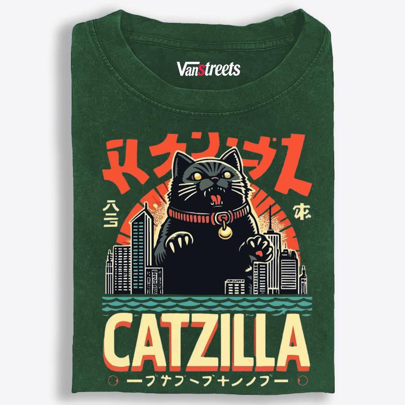 Japanese Style Catzilla Retro Washed T-Shirt | 100% Cotton | Streetwear Essential