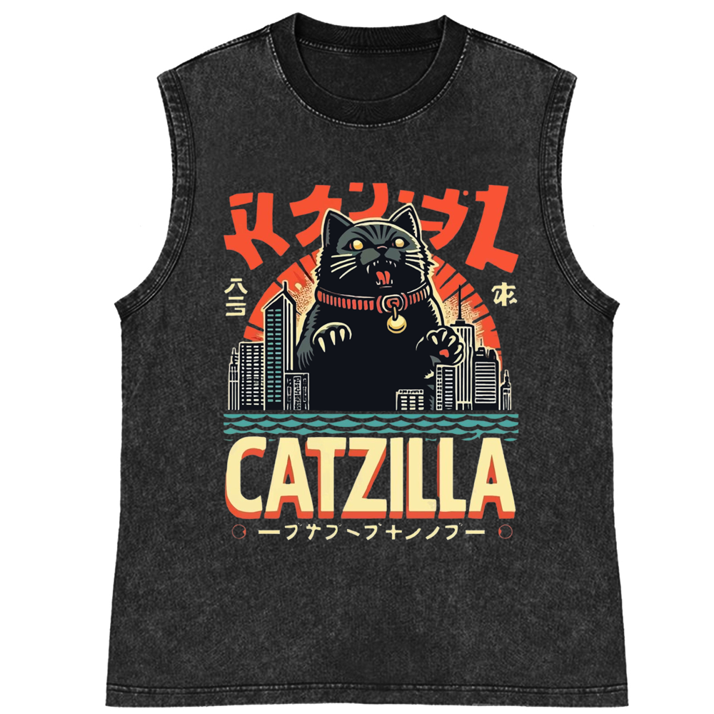 Japanese Style Catzilla Retro Washed Tank Top