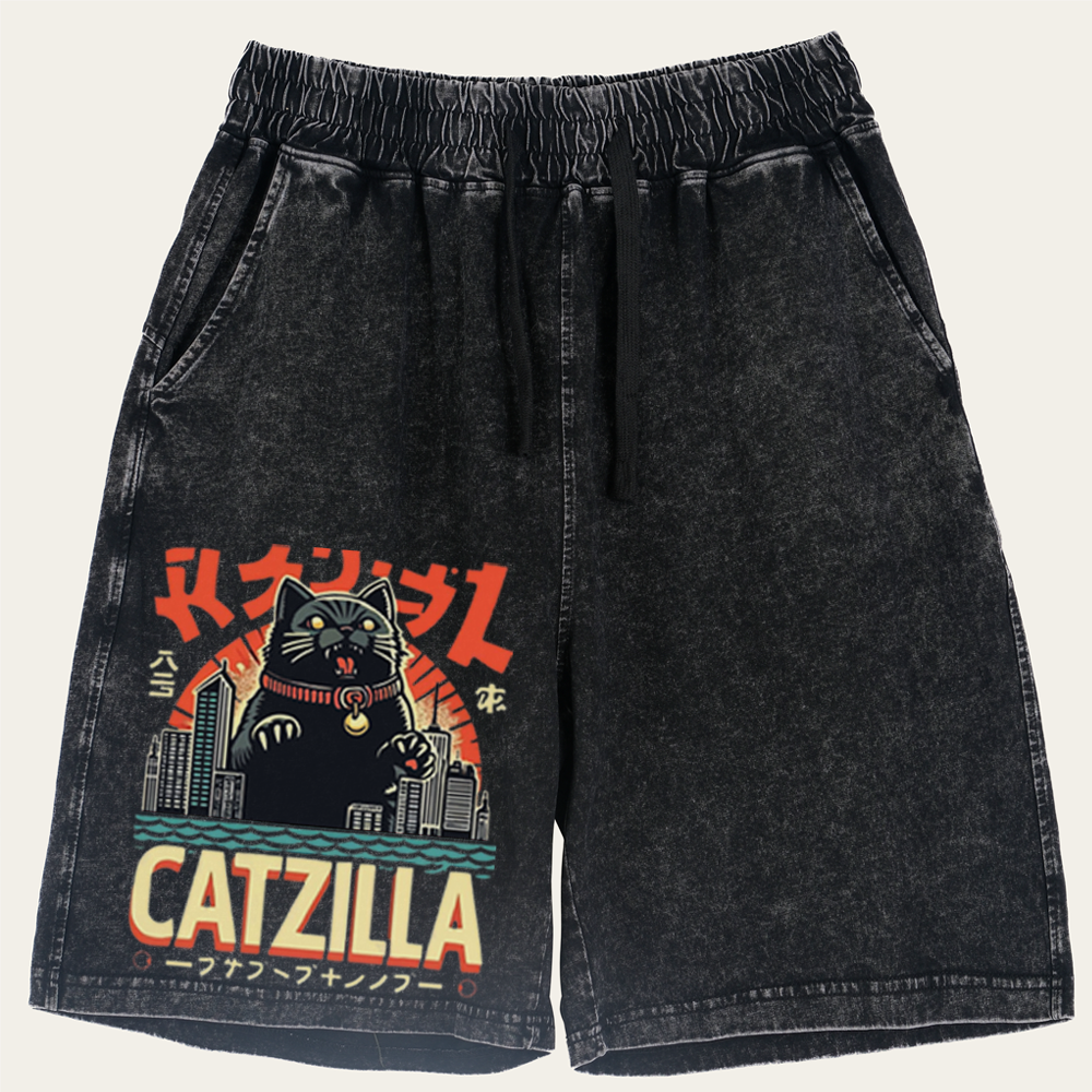 Japanese Style Catzilla Retro Washed Shorts