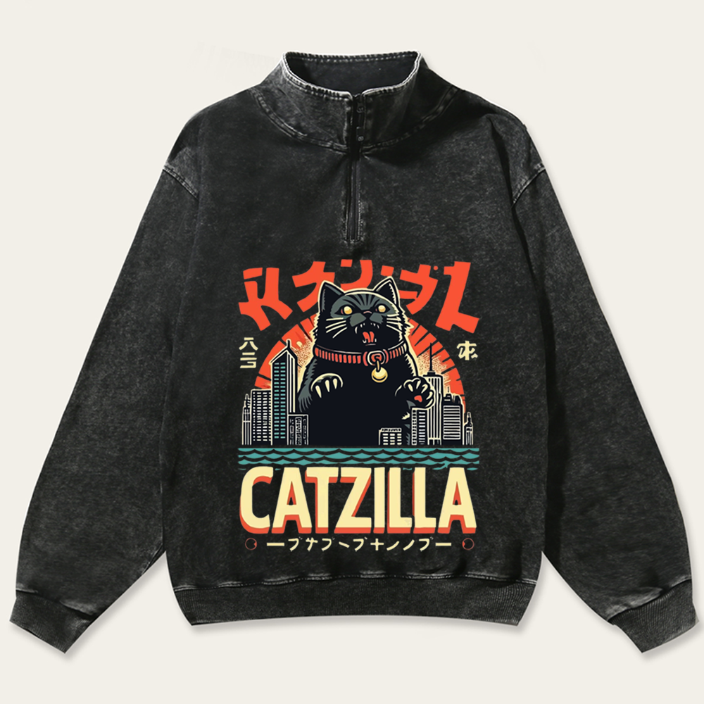 Japanese Style Catzilla Retro Washed Zip-Up Mock Neck Sweatshirt
