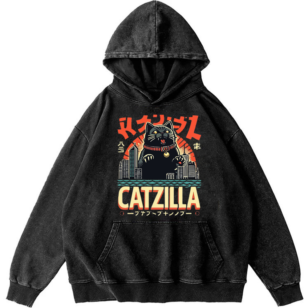 Japanese Style Catzilla Retro Washed Hoodie