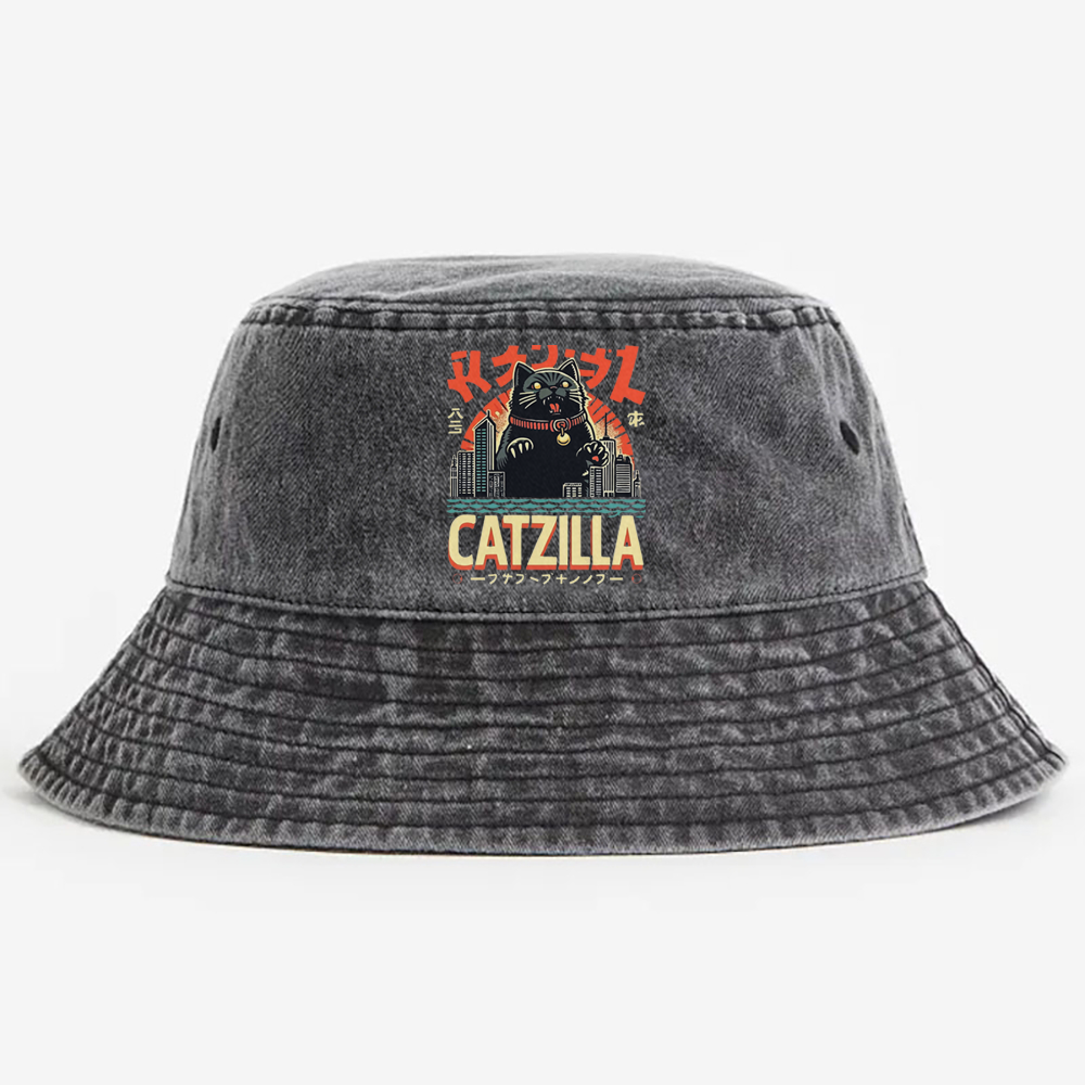 Japanese Style Catzilla Retro Vintage Washed Bucket Hat