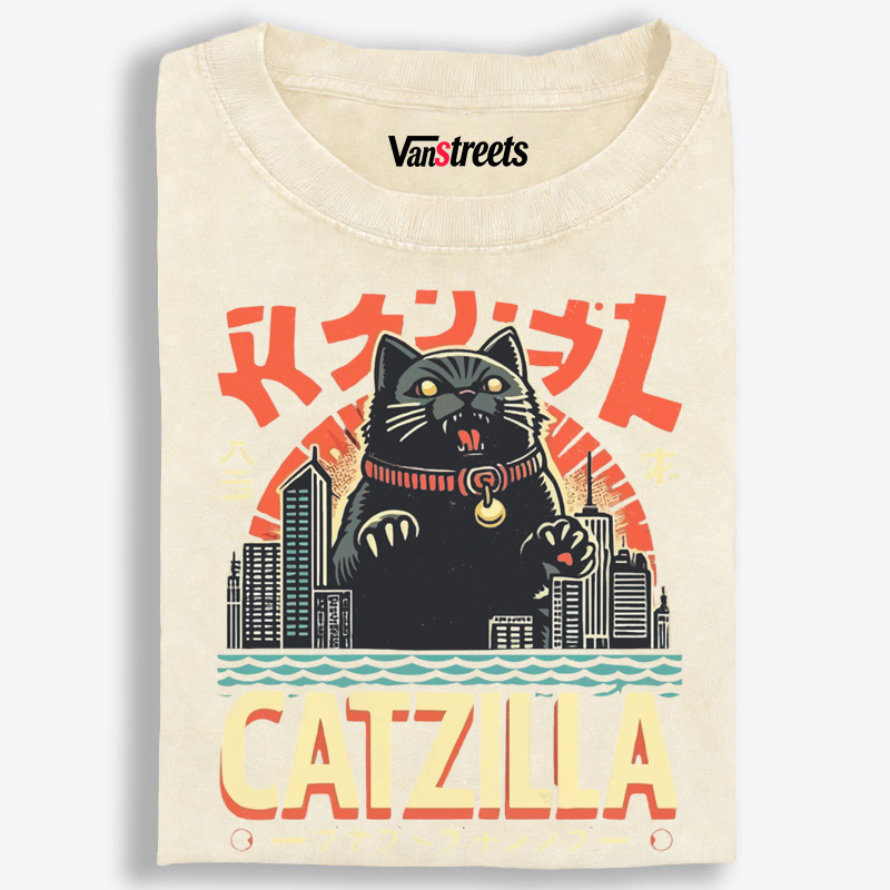 Japanese Style Catzilla Retro Washed T-Shirt | 100% Cotton | Streetwear Essential
