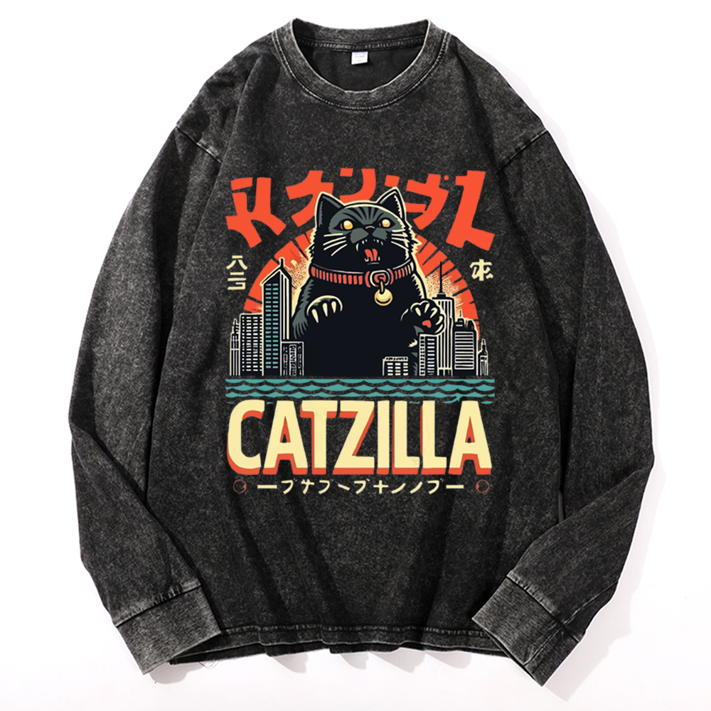 Japanese Style Catzilla Retro Washed Long Sleeve T-Shirt