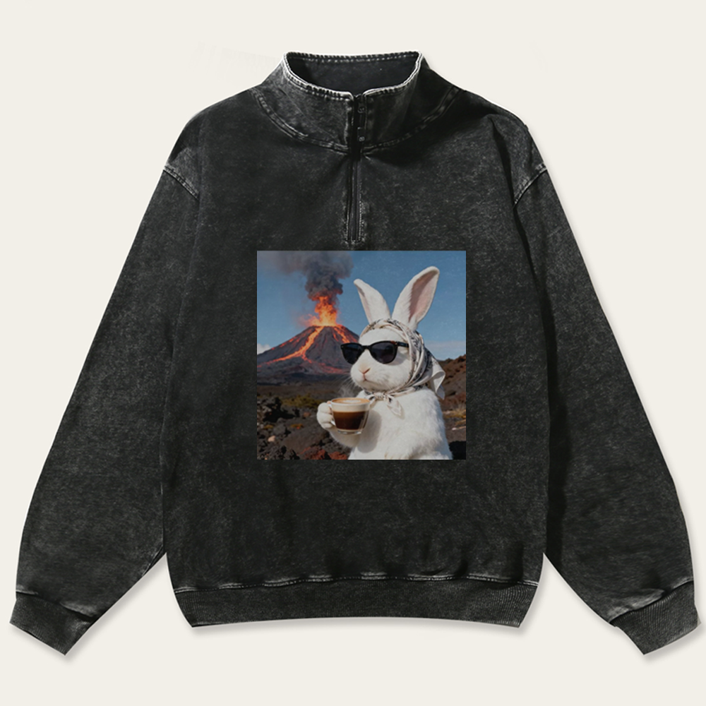 Volcano Coffee Bunny Retro Washed Zip-Up Mock Neck Sweatshirt