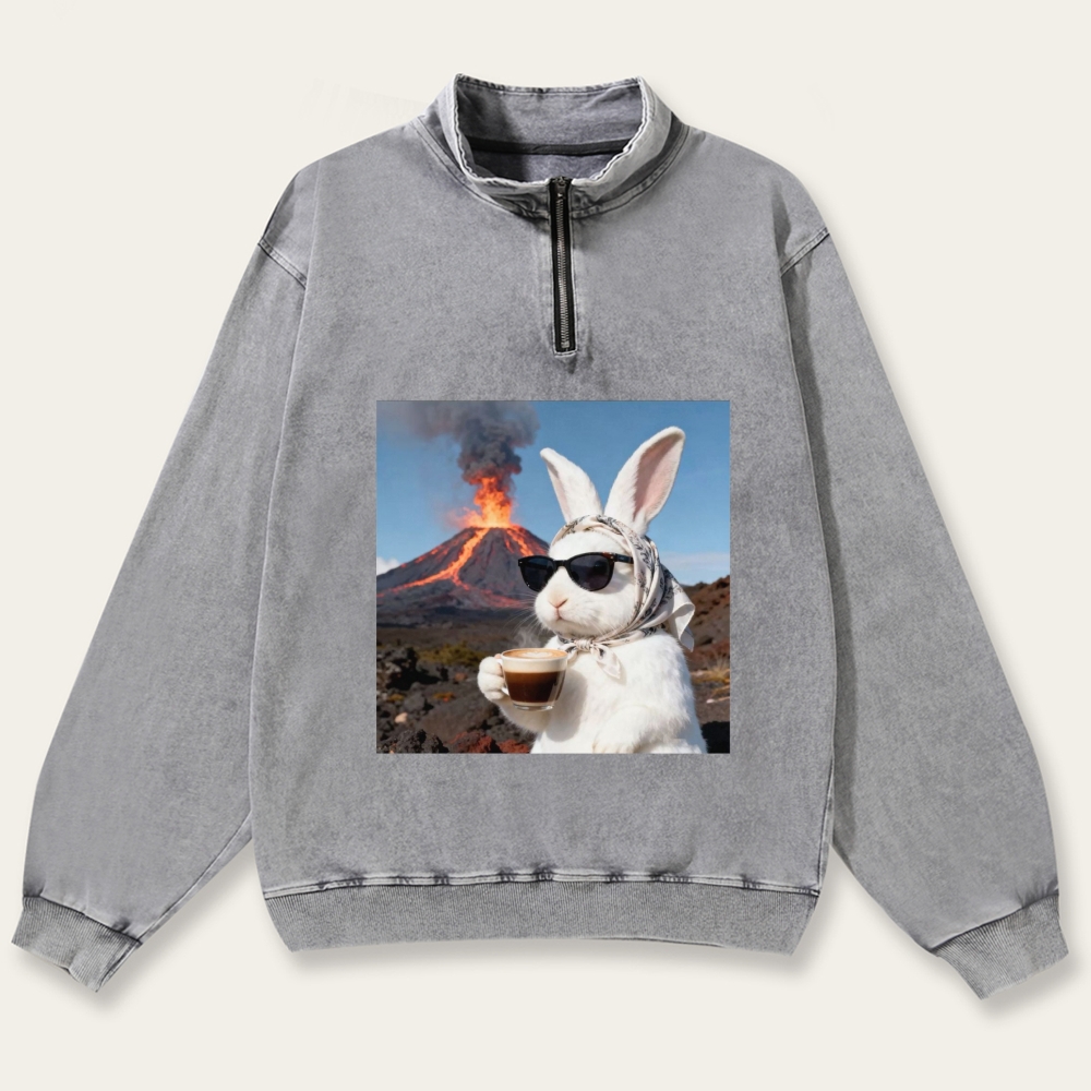 Volcano Coffee Bunny Retro Washed Zip-Up Mock Neck Sweatshirt