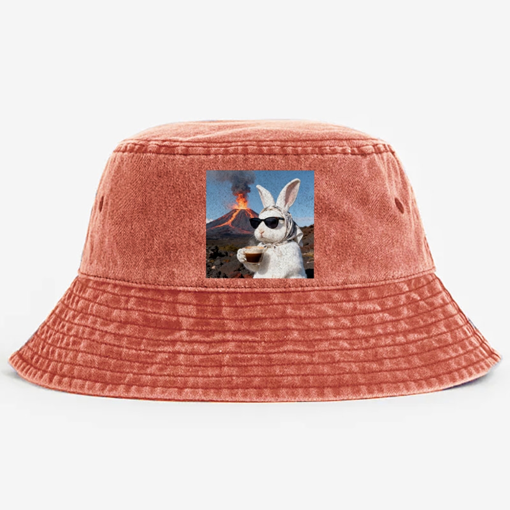 Volcano Coffee Bunny Retro Vintage Washed Bucket Hat