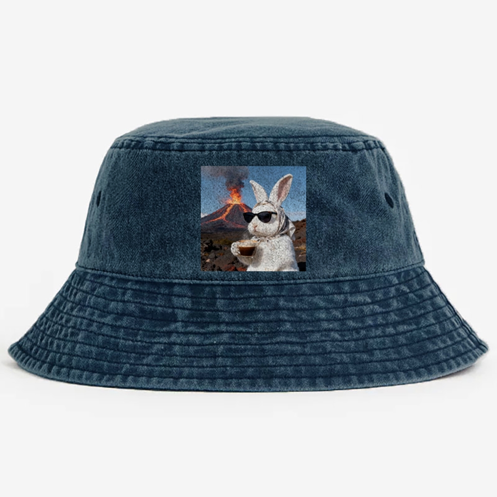 Volcano Coffee Bunny Retro Vintage Washed Bucket Hat