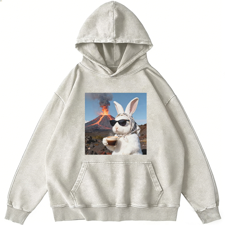 Volcano Coffee Rabbit Retro Washed Hoodide | 100% Cotton | Streetwear Essential
