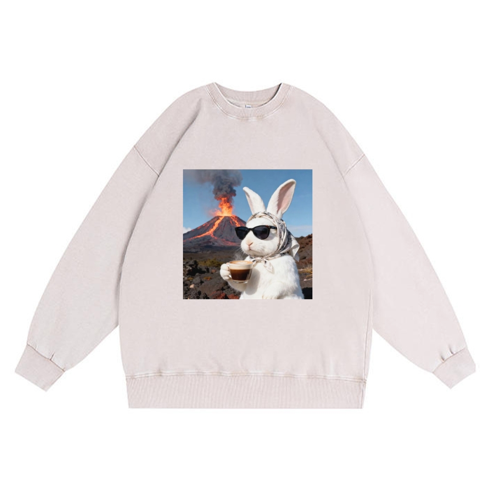 Volcano Coffee Bunny Retro Premium Washed Cotton Crewneck Sweatshirt