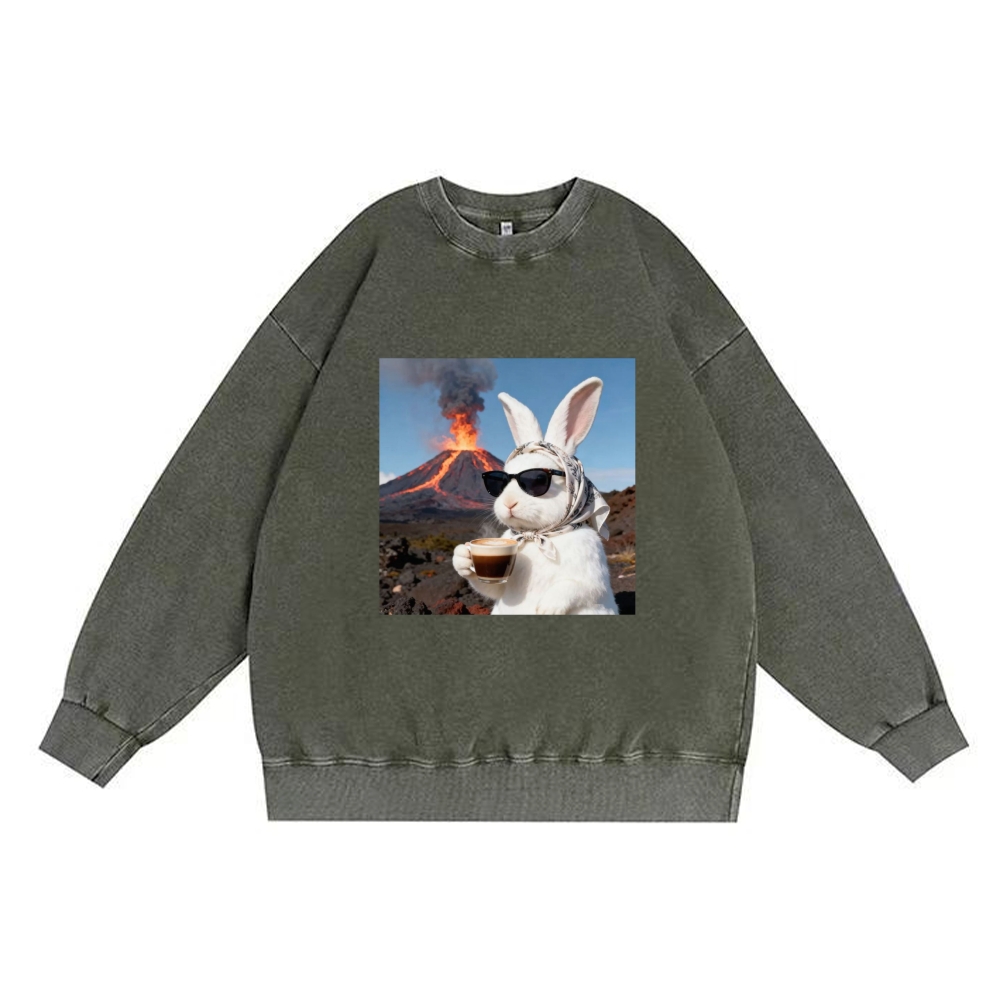 Volcano Coffee Bunny Retro Premium Washed Cotton Crewneck Sweatshirt