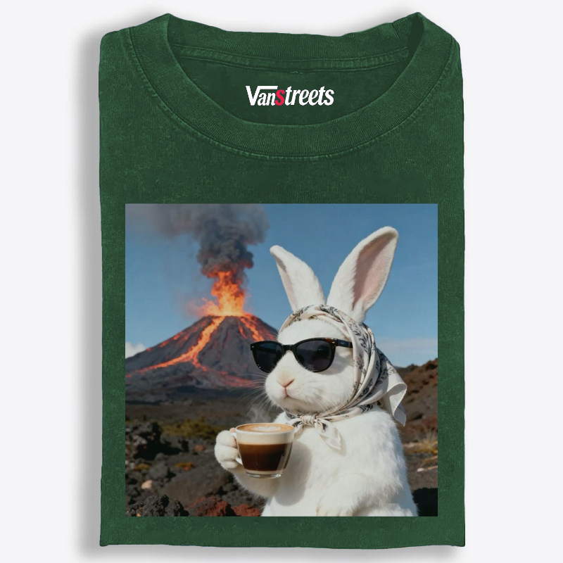 Volcano Coffee Bunny Retro Washed T-Shirt | 100% Cotton | Streetwear Essential