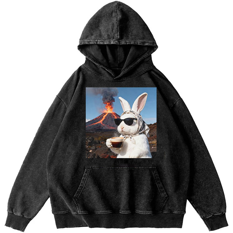 Volcano Coffee Rabbit Retro Washed Hoodide | 100% Cotton | Streetwear Essential