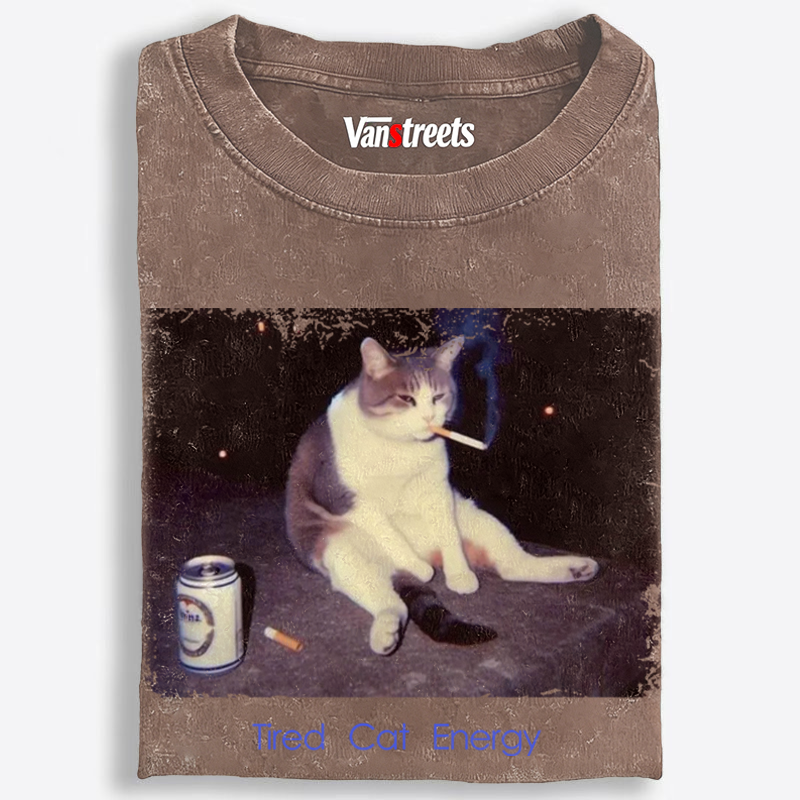 Tired Cat Energy Retro Washed T-Shirt | 100% Cotton | Streetwear Essential