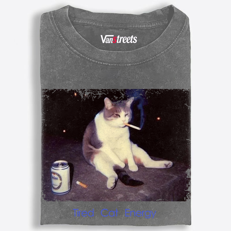 Tired Cat Energy Retro Washed T-Shirt | 100% Cotton | Streetwear Essential