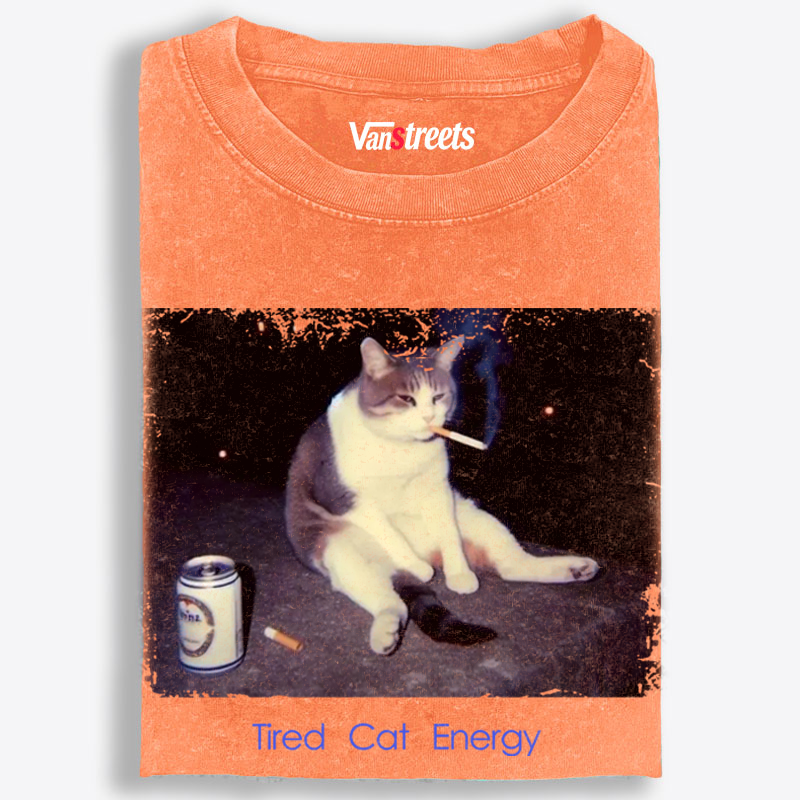 Tired Cat Energy Retro Washed T-Shirt | 100% Cotton | Streetwear Essential