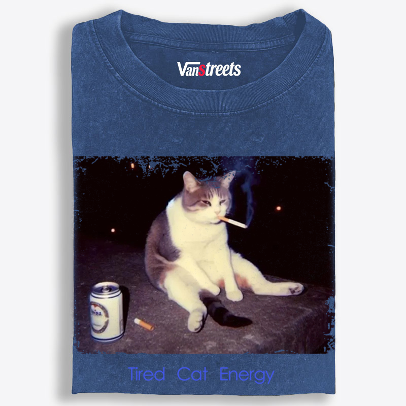 Tired Cat Energy Retro Washed T-Shirt | 100% Cotton | Streetwear Essential