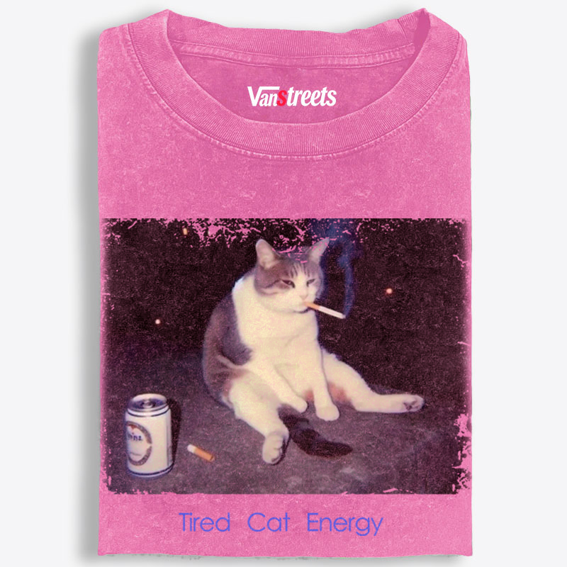Tired Cat Energy Retro Washed T-Shirt | 100% Cotton | Streetwear Essential