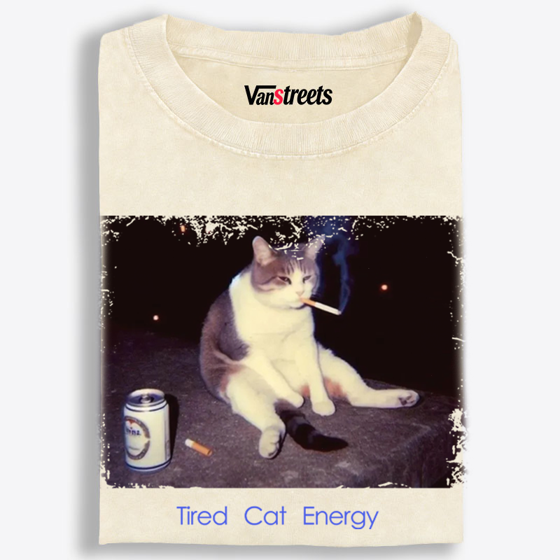 Tired Cat Energy Retro Washed T-Shirt | 100% Cotton | Streetwear Essential