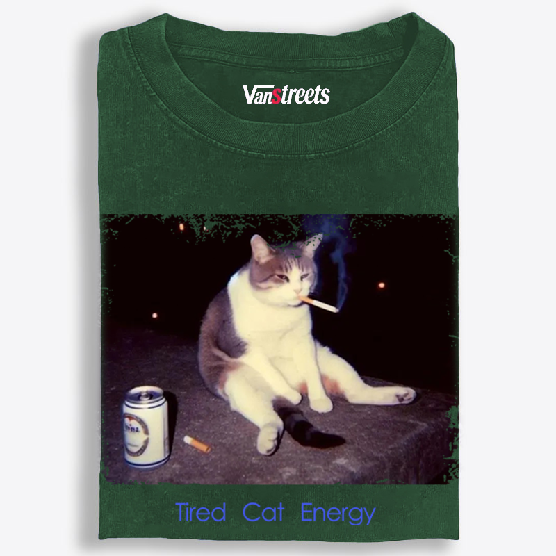 Tired Cat Energy Retro Washed T-Shirt | 100% Cotton | Streetwear Essential