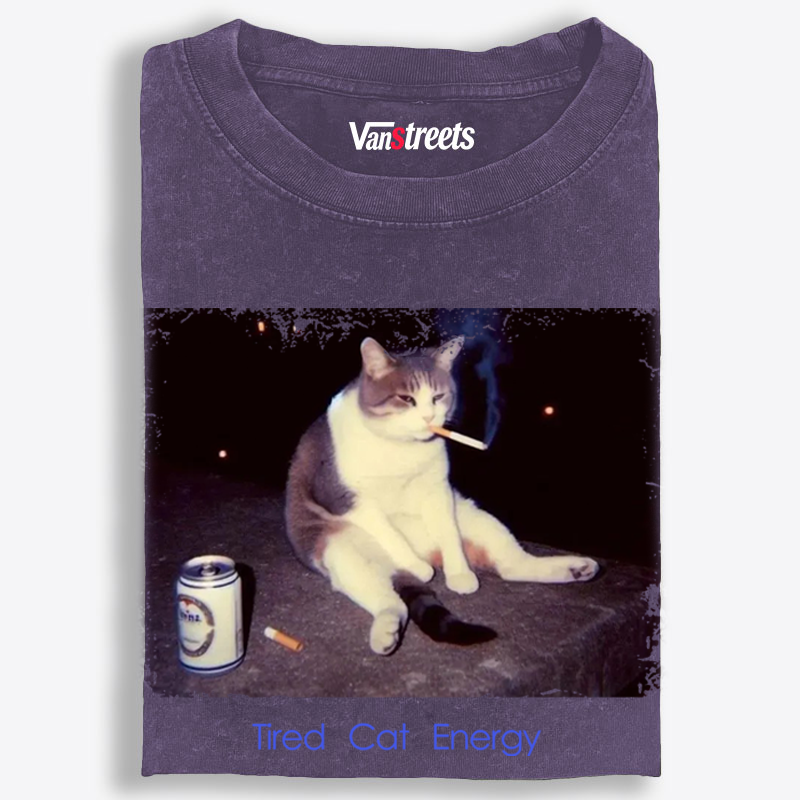 Tired Cat Energy Retro Washed T-Shirt | 100% Cotton | Streetwear Essential