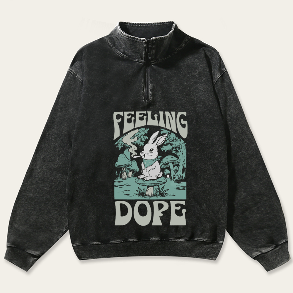 Bunny Feeling Dope Rabbit Retro Washed Zip-Up Mock Neck Sweatshirt