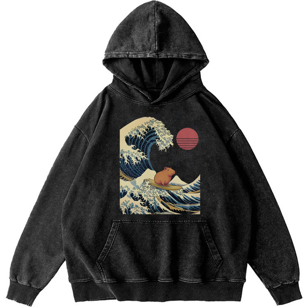 Capybara Surfing Ukiyo-e Retro Washed Hoodie