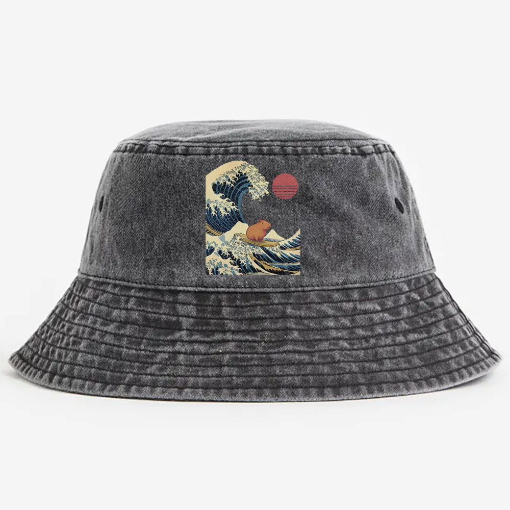 Capybara Surfing Ukiyo-e Retro Vintage Washed Bucket Hat