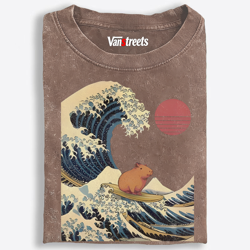 Capybara Surfing Ukiyo-e Retro Washed T-Shirt | 100% Cotton | Streetwear Essential