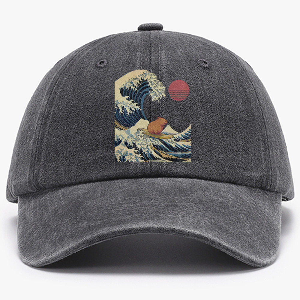 Capybara Surfing Ukiyo-e Retro Washed Baseball Cap