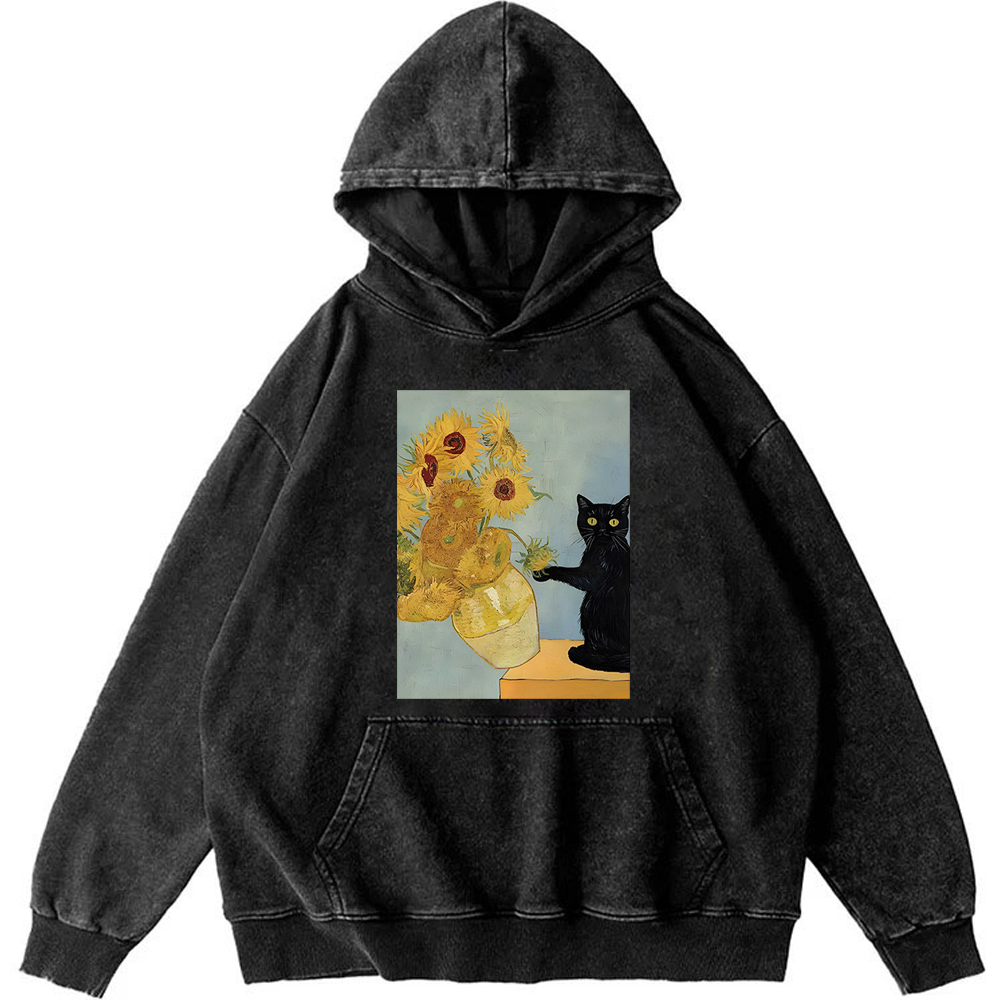 Playful Cat Meets Van Gogh Sunflowers Retro Washed Hoodie