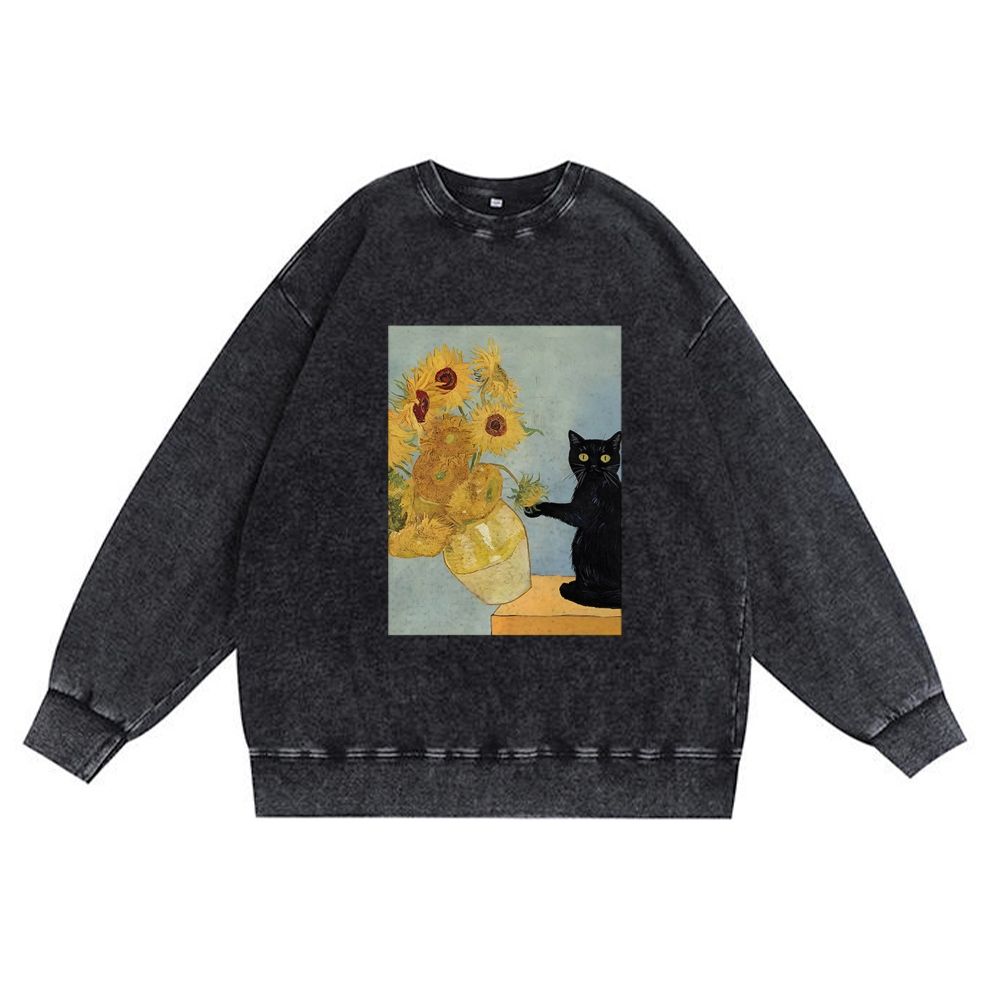Van Gogh Sunflowers Black Cat Retro Premium Washed Cotton Crewneck Sweatshirt
